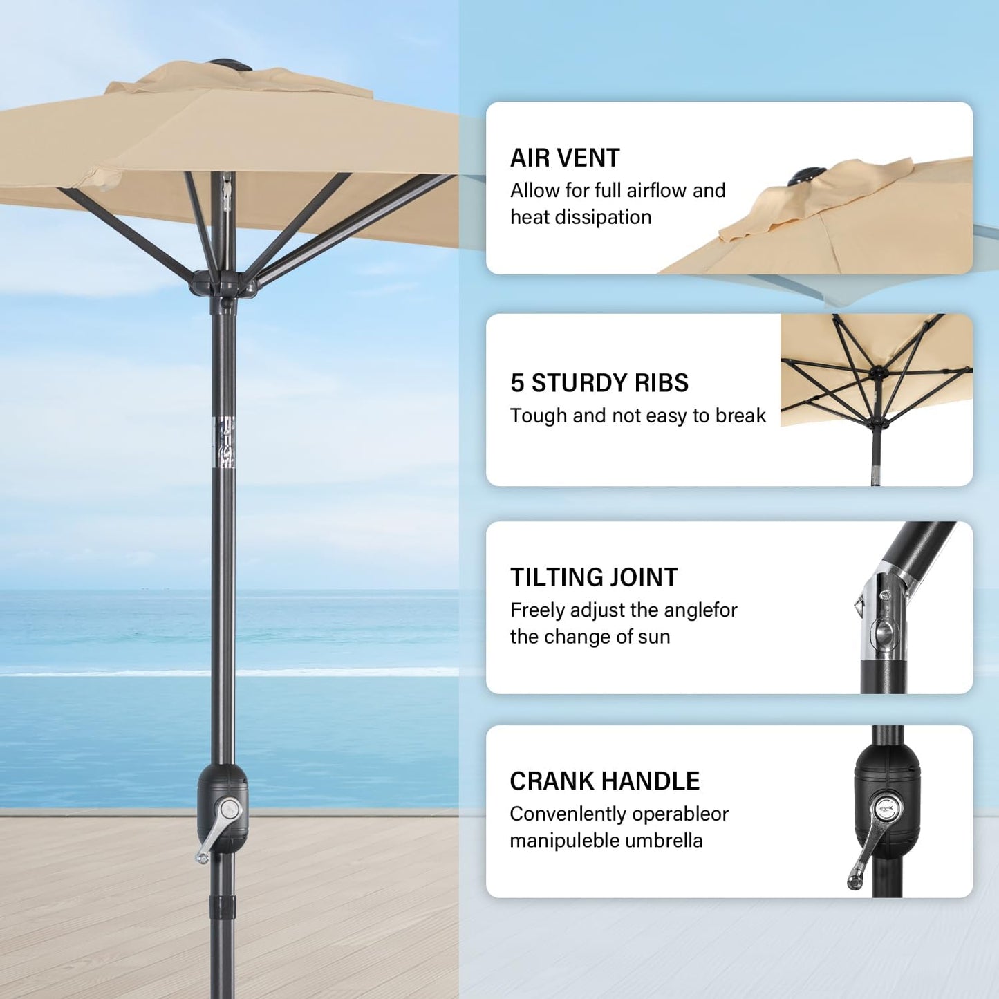 Angel Living Parasol de balcon - Semi-circulaire - 245 x 122 cm - Beige