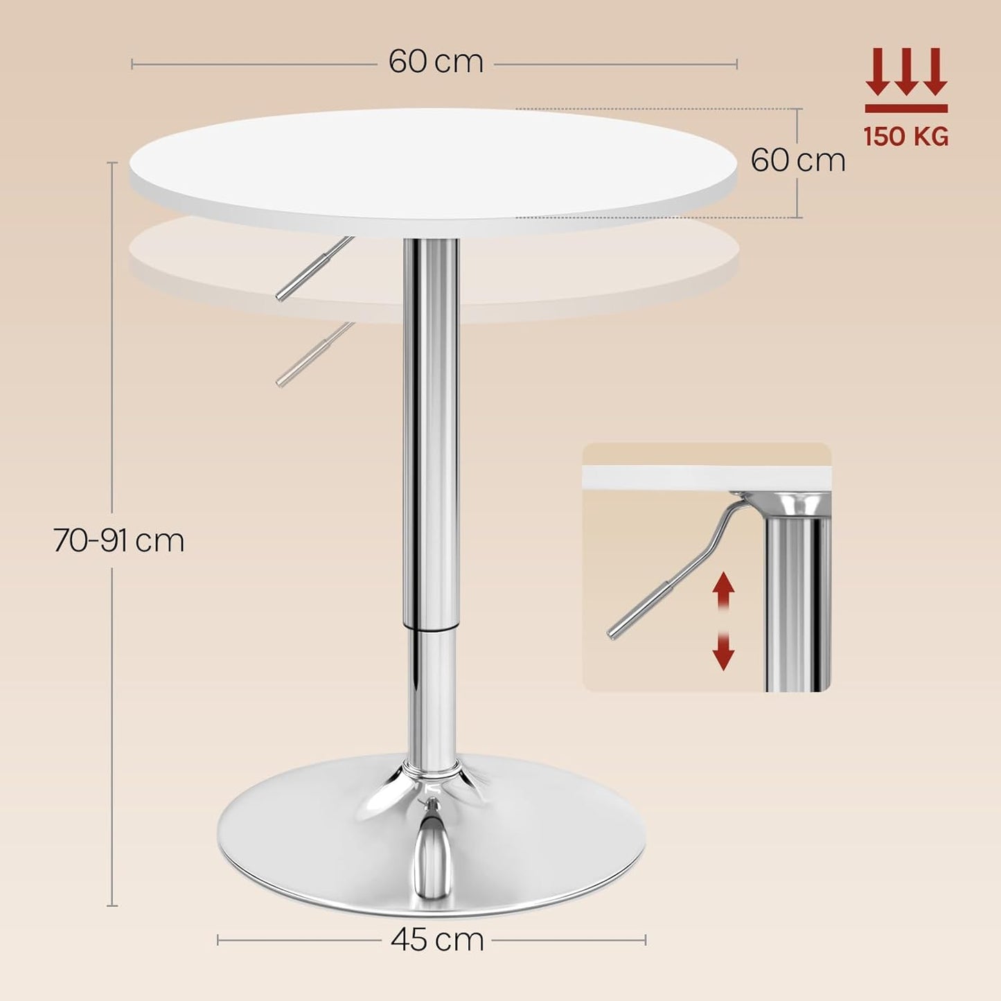 Woltu BT02ws Table de bar réglable - Rond 60x60 cm - Hauteur 68-88 cm - Blanc
