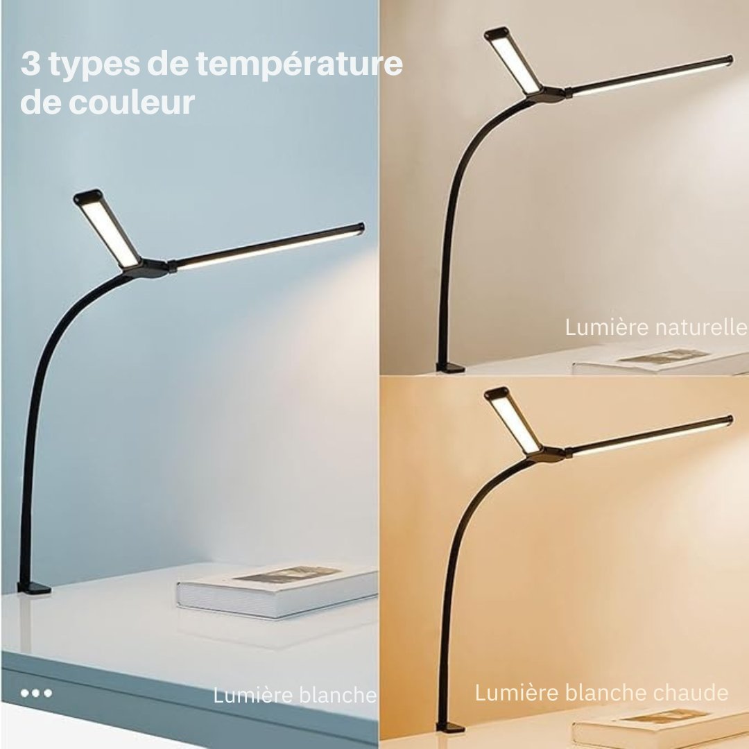 Lampe de bureau à Led Skoov - pour la maison et le bureau - lumineuse à double tête avec 3 couleurs, dimmable à l'infini - flexible à col de cygne pour l'architecture - USB 5V - noir