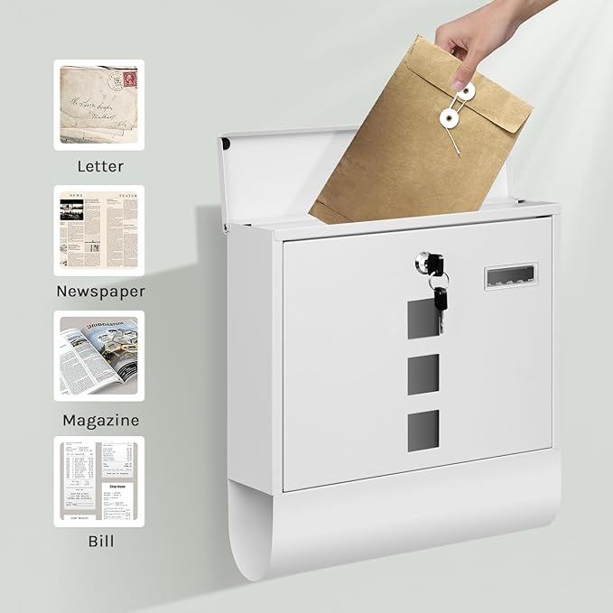 Boîte aux lettres WOLTU blanche - 37 x 37 x 11 cm - Boîte aux lettres murale verrouillable avec compartiment pour journaux et fenêtres de visualisation