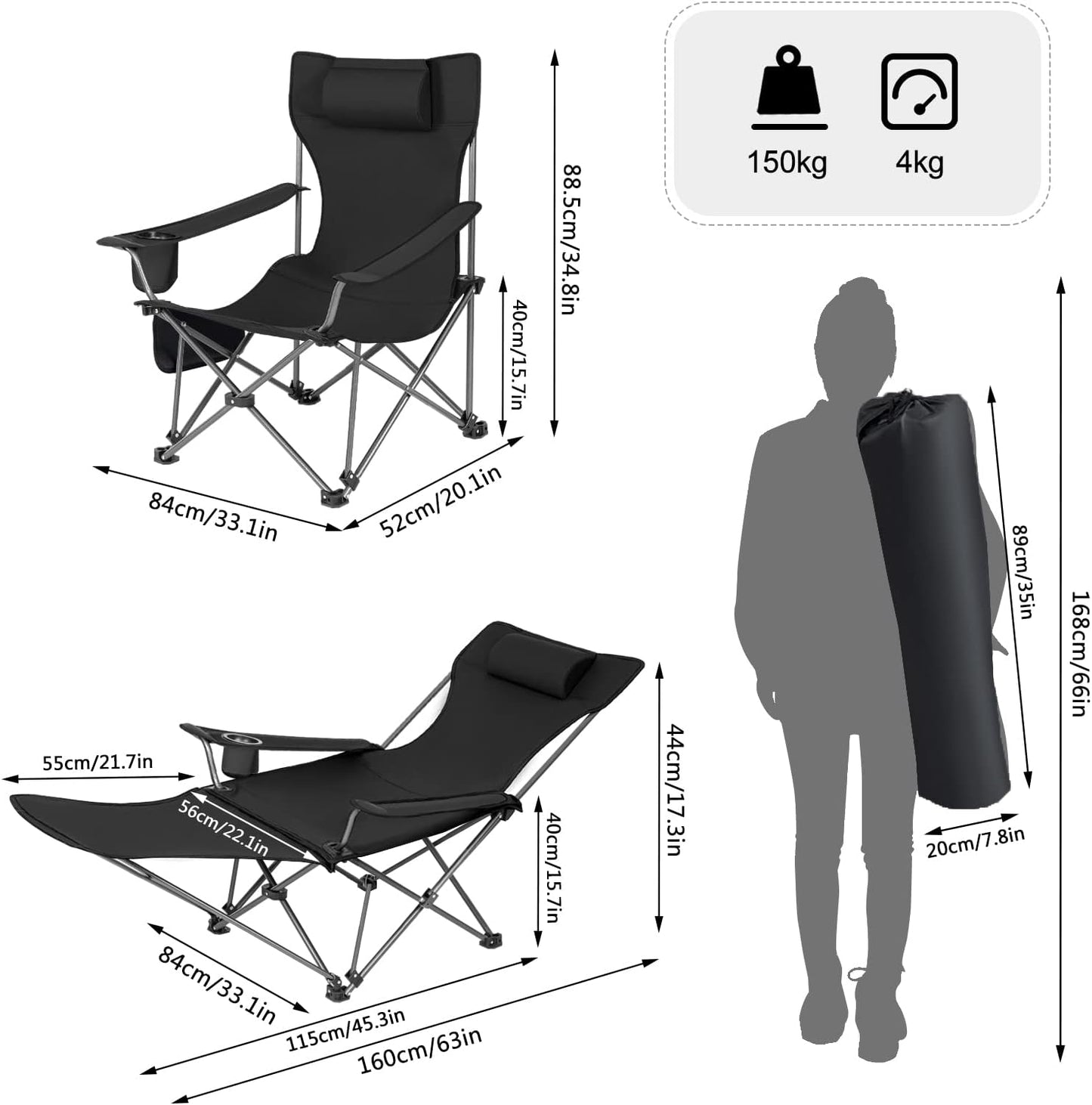 Chaise de camping pliable Woltu - Chaise longue et chaise de pêche avec repose-pieds et porte-gobelet - 160x88,5x84 cm - Noir