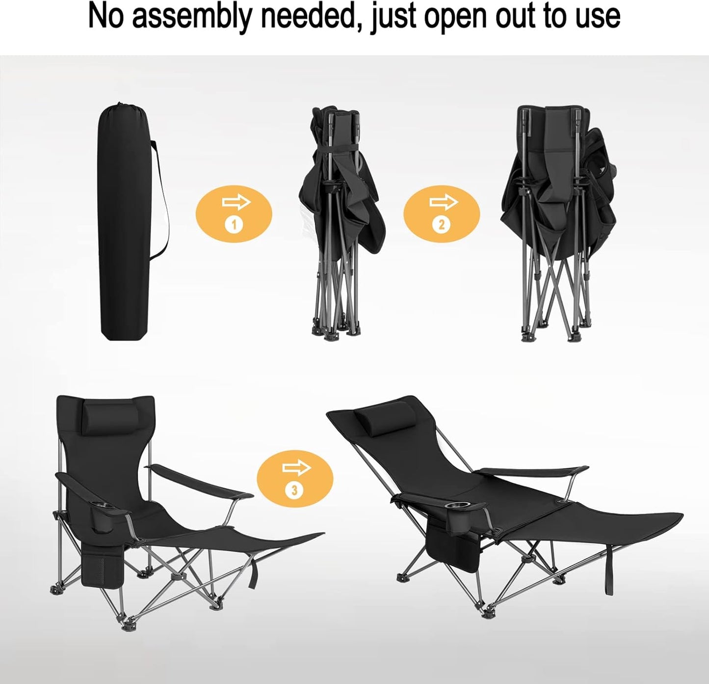 Chaise de camping pliable Woltu - Chaise longue et chaise de pêche avec repose-pieds et porte-gobelet - 160x88,5x84 cm - Noir