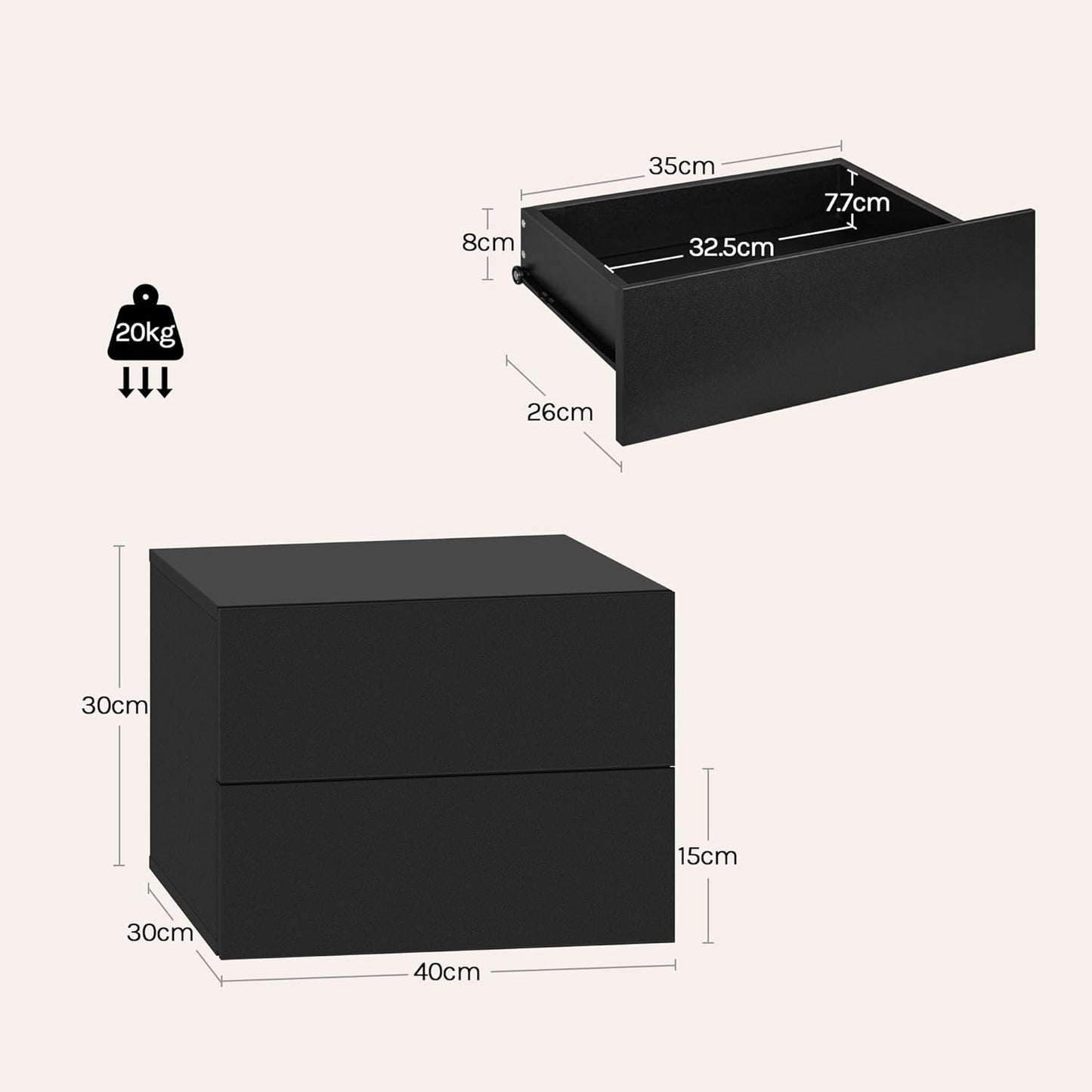Woltu Floating Nightstands Set of 2 - Black - 40 x 30 x 30 cm - Table de nuit murale moderne avec tiroir
