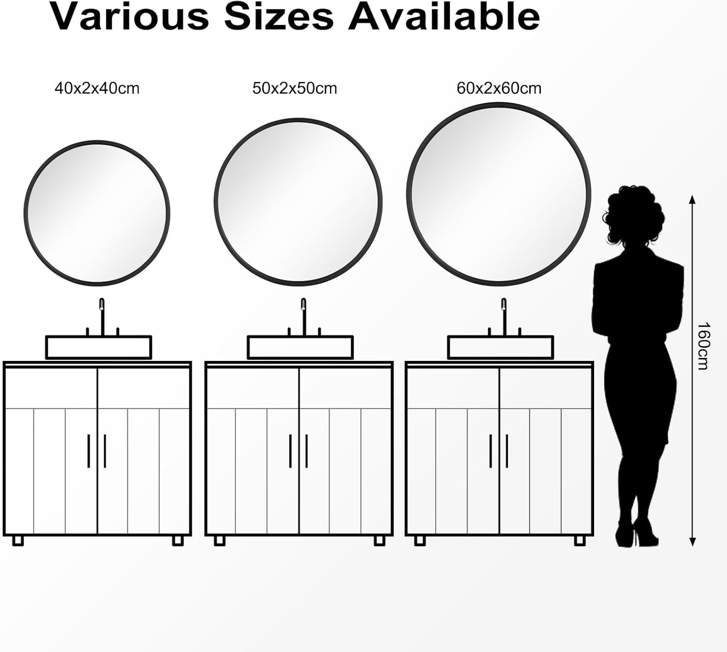 Woltu Miroir mural rond Ø 50 cm - Cadre en métal noir - Miroir décoratif moderne pour la salle de bain, la chambre, le couloir et le salon