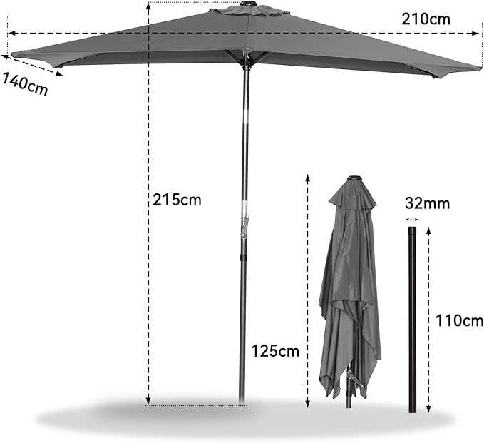 Angel Living Tuniparasol - 210 x 140 cm, avec manivelle - Inclinable - UV 50+ - Rectangulaire