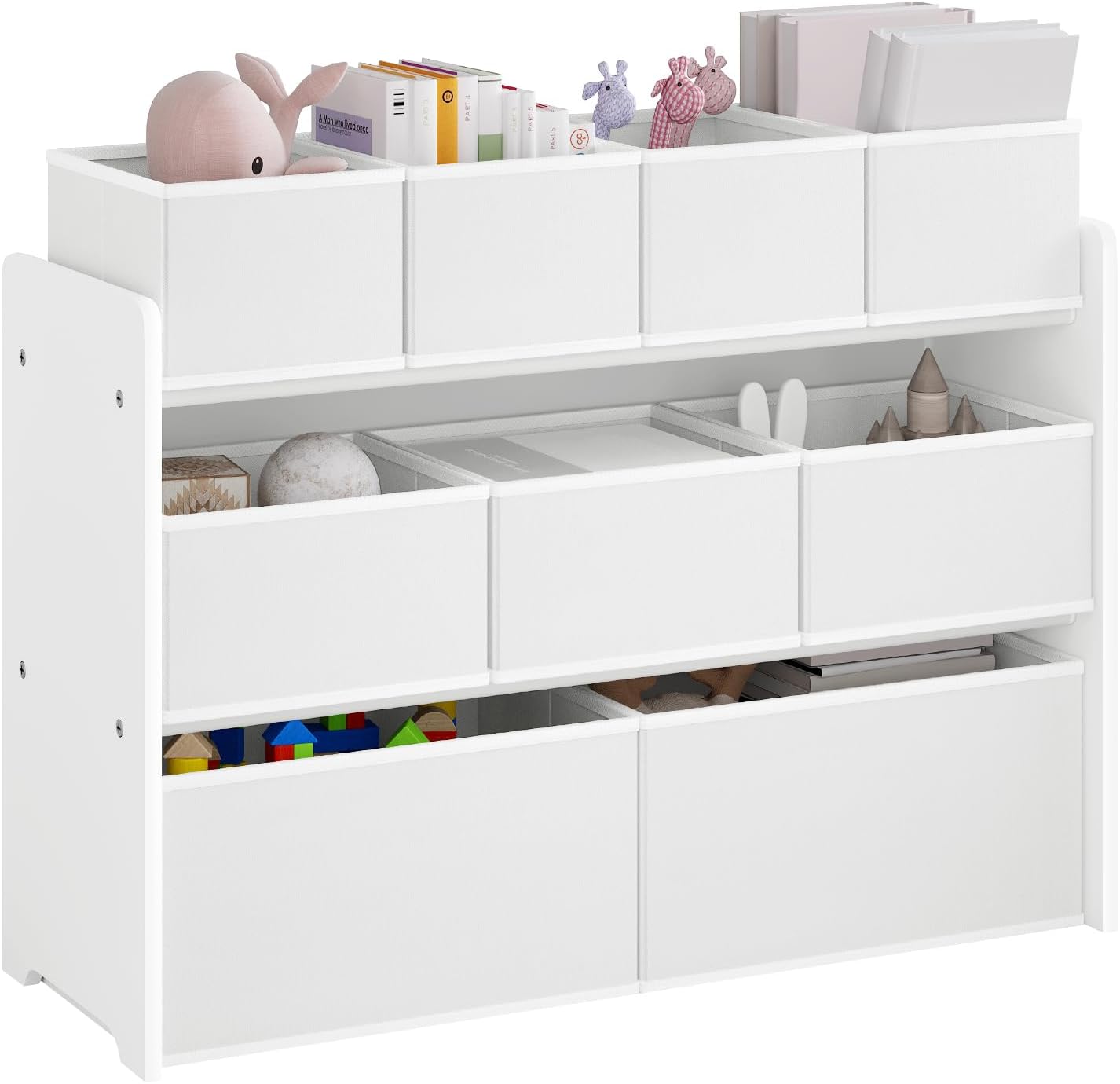 Lestarain Toy Rack for Kids White - Meuble de rangement avec 9 boîtes à jouets - Organisateur pour la chambre d'enfant et la salle de jeux - 92 x 30 x 68 cm