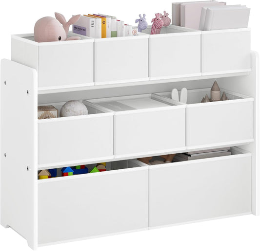 Lestarain Toy Rack for Kids White - Meuble de rangement avec 9 boîtes à jouets - Organisateur pour la chambre d'enfant et la salle de jeux - 92 x 30 x 68 cm