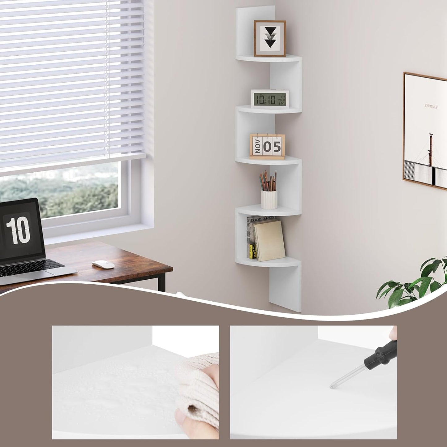 Woltu RG9313ws2 - Étagère murale Zigzag 5 niveaux - Blanc - 19,5 x 19,5 x 123 cm