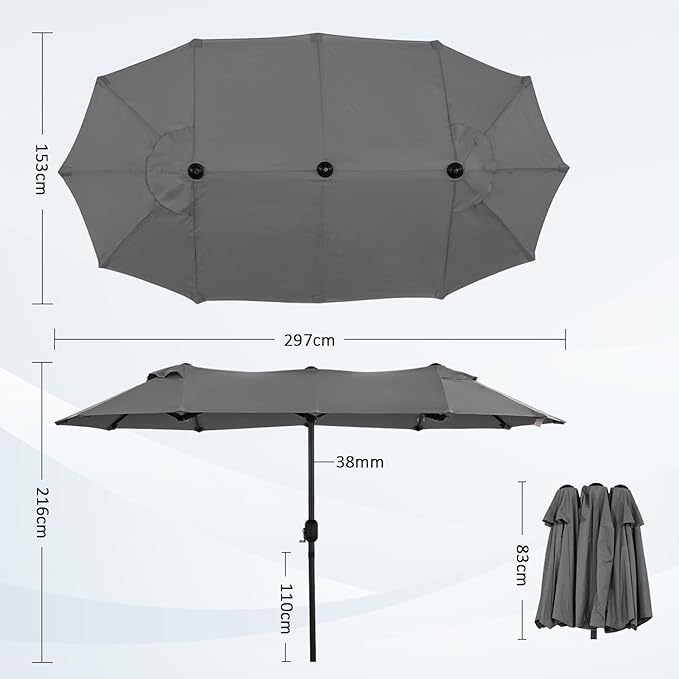 Angel Living Parasol double - 460 x 270 cm - avec manivelle Grand parasol Parapluie de marché - UPF 50+ - gris - 2.97x1.53cm