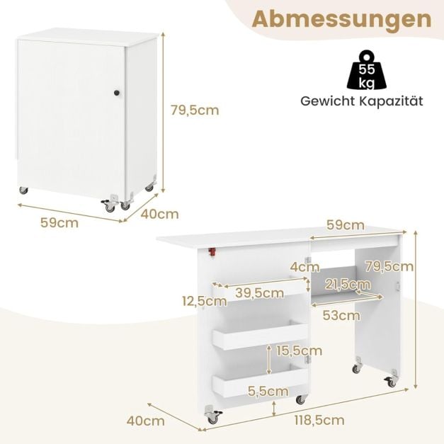 Coast Sewing Table White - Table de loisirs pliable sur roulettes avec rangement et 3 bacs cachés - 118.5 x 40 x 79.5 cm