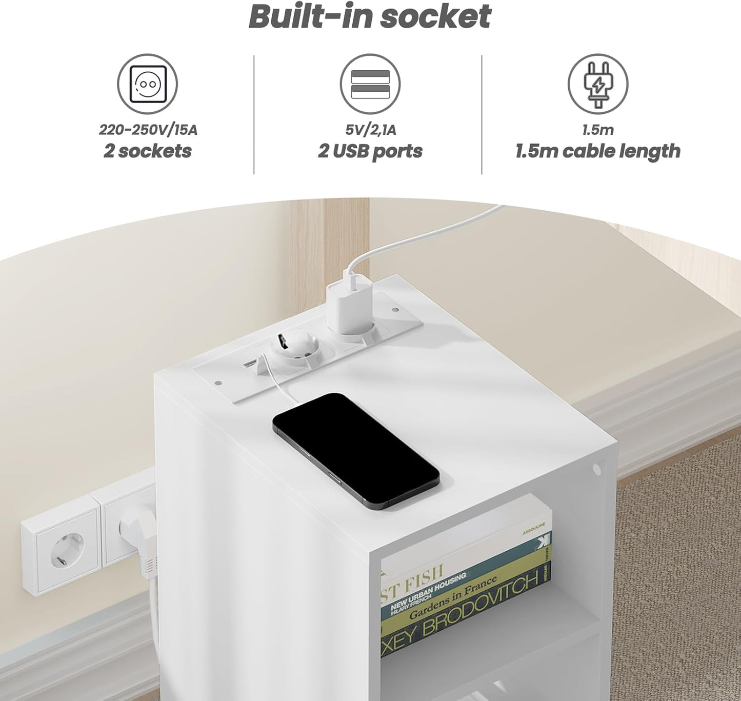 Woltu 2x table de nuit avec USB et prise - Blanc - 25 x 30 x 60 cm - Design compact et moderne