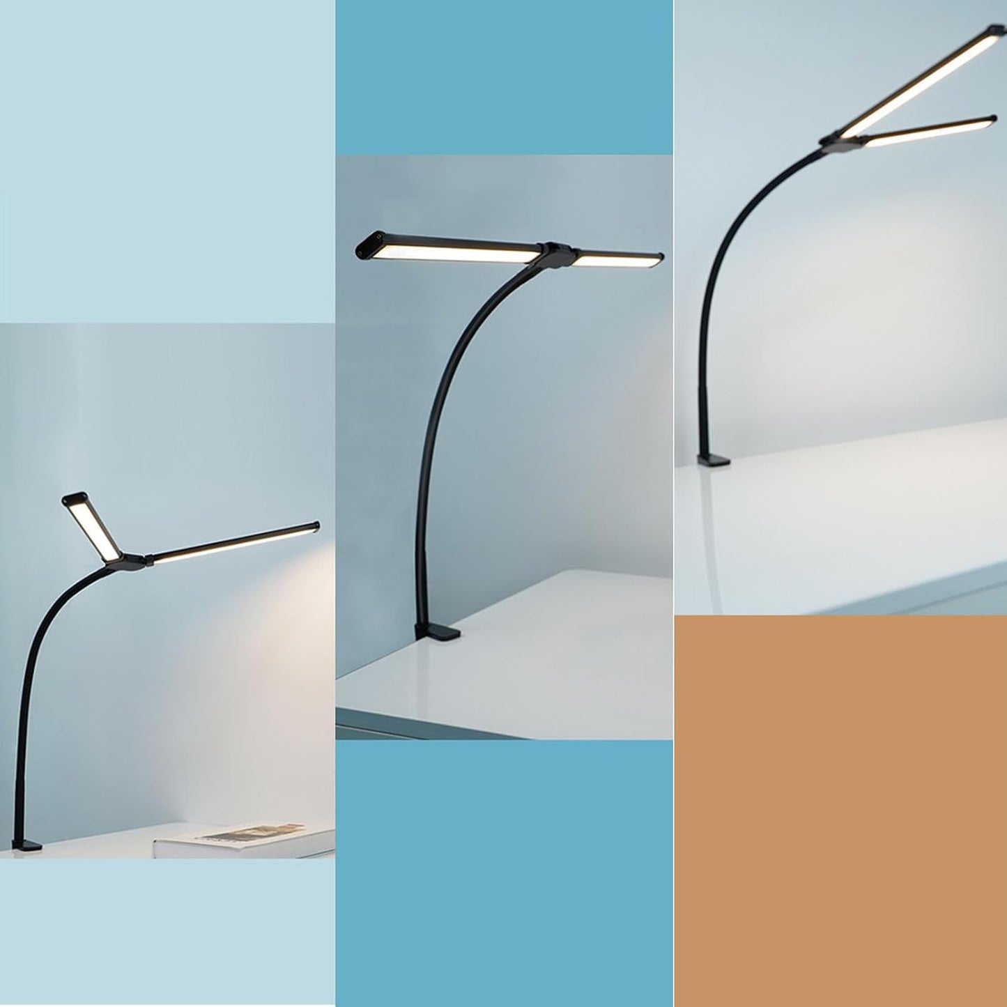 Lampe de bureau à Led Skoov - pour la maison et le bureau - lumineuse à double tête avec 3 couleurs, dimmable à l'infini - flexible à col de cygne pour l'architecture - USB 5V - noir