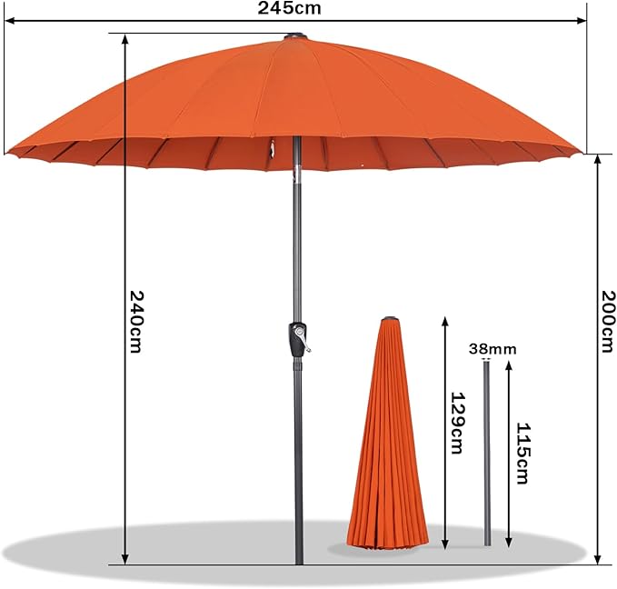 Angel Living 250 cm Parasol Shanghai - avec manivelle - mât de 38 mm