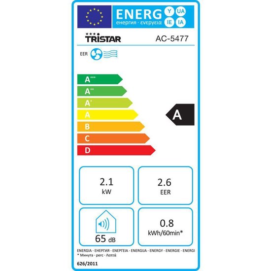 Climatiseur mobile Tristar AC-5477 7 000 BTU – Climatiseur, ventilateur et déshumidificateur 3-en-1 – Pour des pièces jusqu'à 25 m² – Minuterie – Blanc
