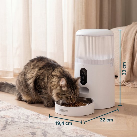 Mangeoire automatique Princess - Caméra HD et fonction intelligente - 4 litres – Chat et chien – Commande via application – Repas programmables – Bol en acier inoxydable – Batterie de secours – Distributeur automatique de nourriture – 610045
