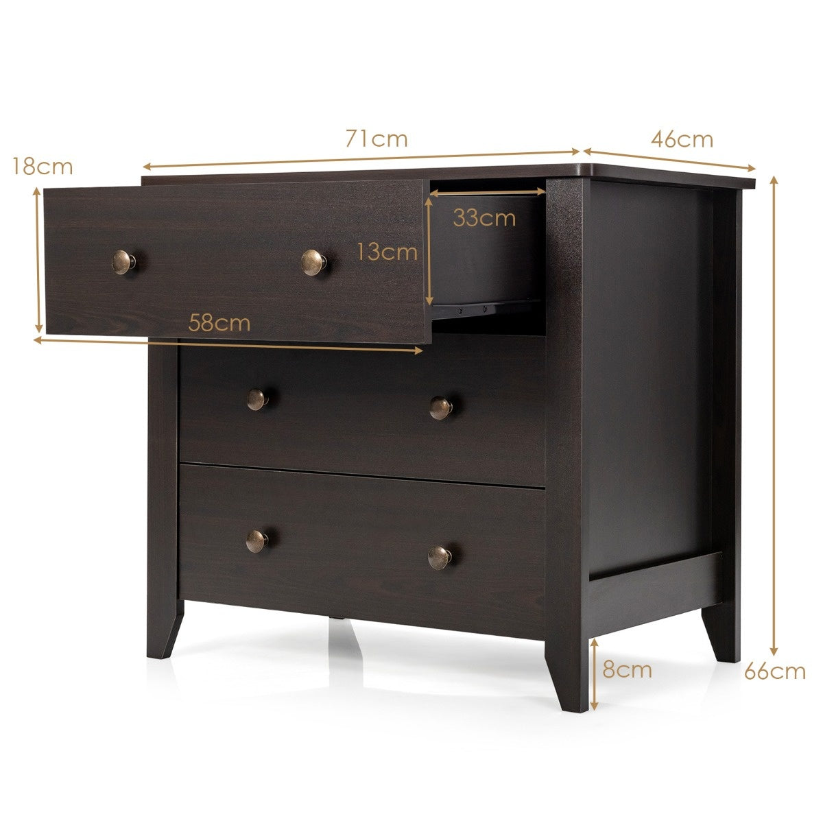 Commode Coast avec 3 tiroirs et poignées en bois table de nuit 71 x 46 x 66 cm marron