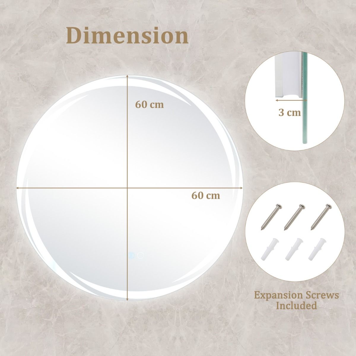 Coast 60x60 cm Miroir de salle de bain LED rond argenté avec éclairage 3 couleurs graduable, anti-buée et fonction mémoire