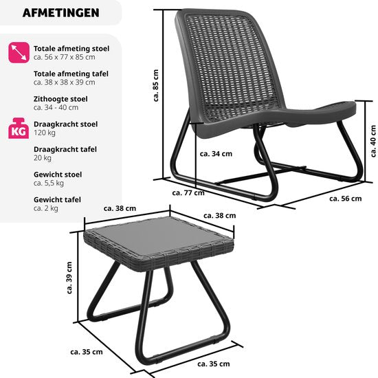 tectake® - Ensemble de meubles de jardin pour 2 personnes - meubles d'extérieur résistants aux intempéries pour balcon - salon de jardin - meubles de terrasse - ensemble de sièges avec 2x chaises longues et 1x table de jardin table d'appoint - aspect roti