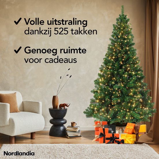 Nordlandia Artificial Christmas Tree With LED Lights - 180 cm - Arbre de Noël réaliste en plastique - Support en métal - Vert