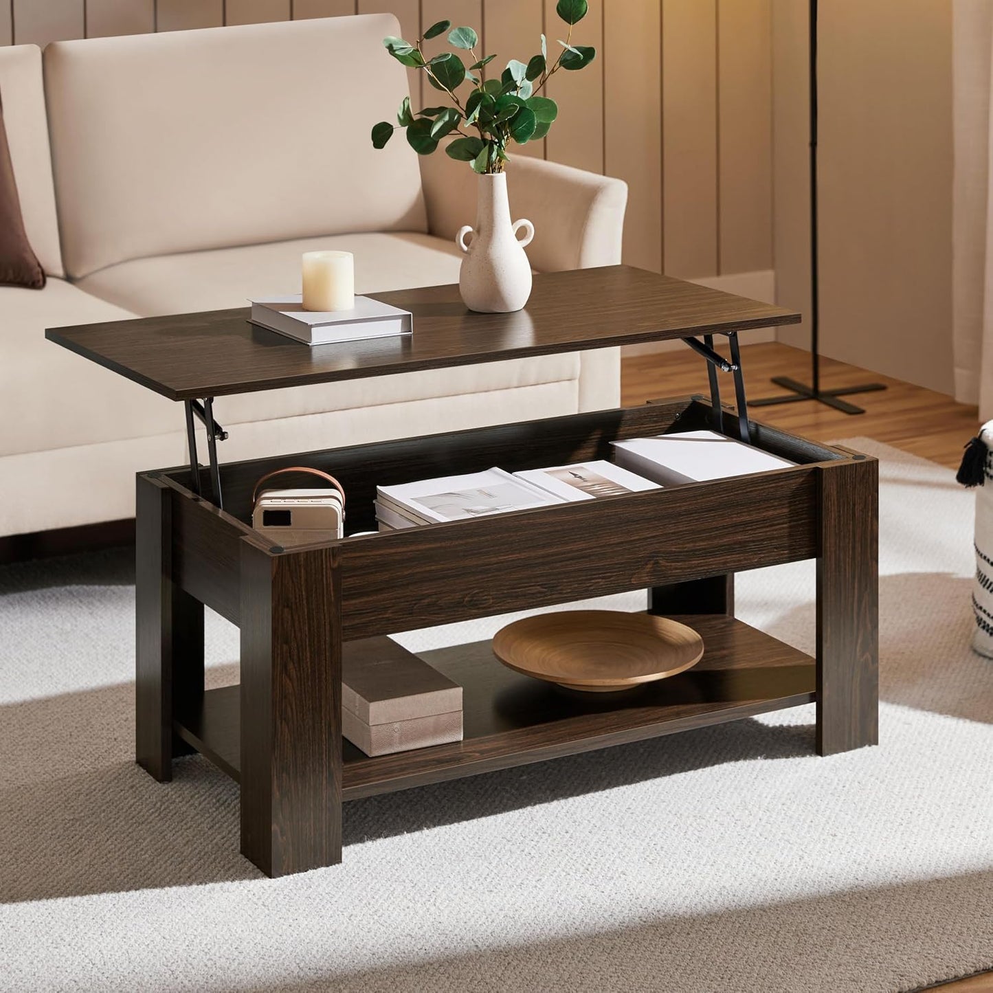 Table basse Yaheetech 98 x 50 x 41,8 cm - Marron - Réglable en hauteur - Plateau extensible - Avec espace de rangement
