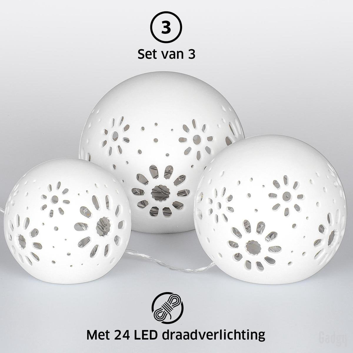 Gadgy Lampe boule en céramique avec guirlande lumineuse - 3 pcs : Ø 8/10/12 cm - Lampe de table à piles - Eclairage d'ambiance