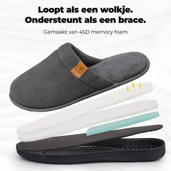 Chaussons Hommes - Chaussons - Taille 44/45 - Gris - Velours côtelé - Antidérapant - Comfeet