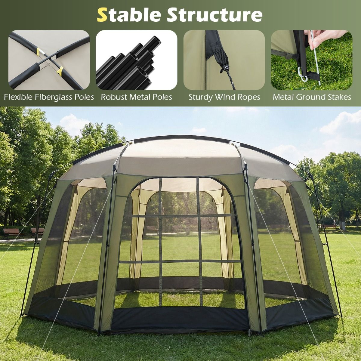 Tente de camping Coast avec moustiquaire - Tente de jardin pliable pour 6 à 8 personnes - 380 x 355 x 225 cm - Vert/Noir