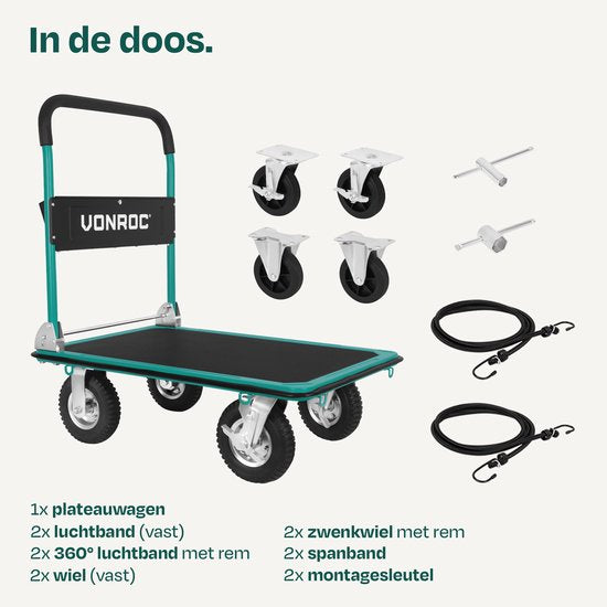 Chariot à plateau VONROC Premium – avec pneus gonflables – pliable – capacité de charge max. 300 kg – grande surface de chargement 90 x 60 cm – sangles de fixation incluses