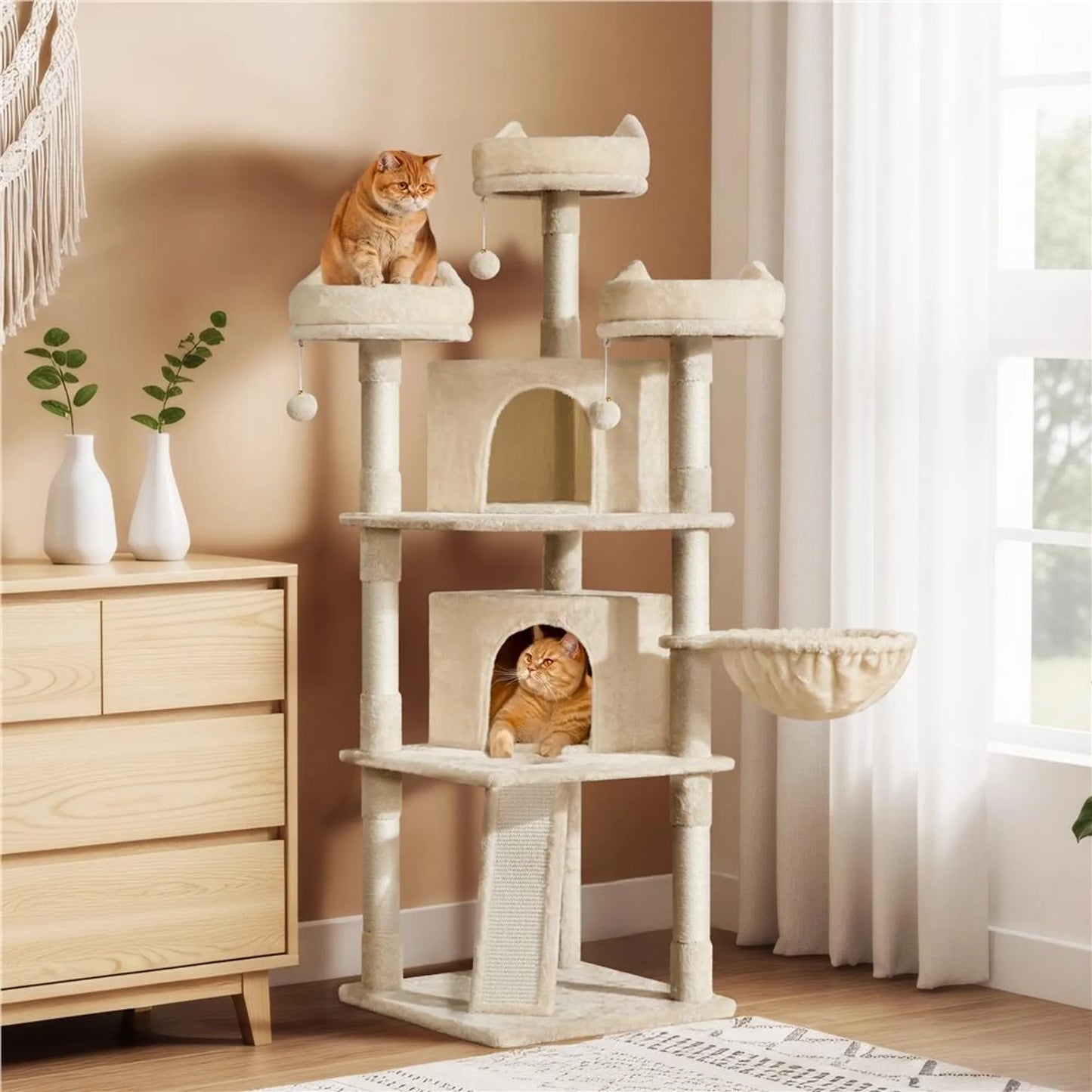 Yaheetech Cat Post XXL avec 3 plateformes d'observation - équipé de 2 terriers, d'une planche à gratter et d'un système anti-piqûres - pour les foyers avec plusieurs chats - beige peluche et sisal - 55,5 x 55,5 x 175 cm