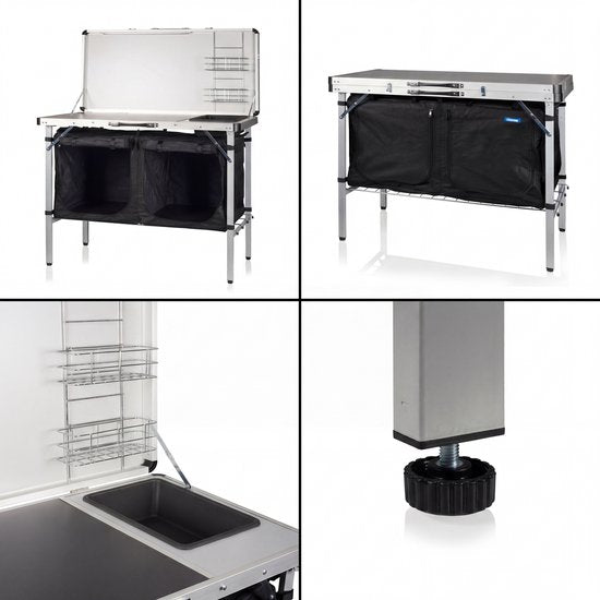 Cuisine de camping Tristar – Pliable – 100 x 50 cm – Avec évier – Structure en aluminium – Meuble de camping et cuisine d'extérieur – Sac de transport inclus – Pieds réglables – KI-0825