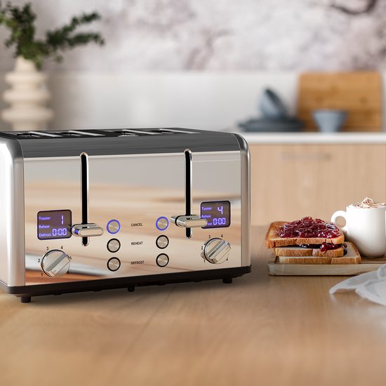 KitchenBrothers Toaster - Grille-pain - 6 niveaux de chaleur - 4 fentes extra-larges - 1630W - inox/Argent