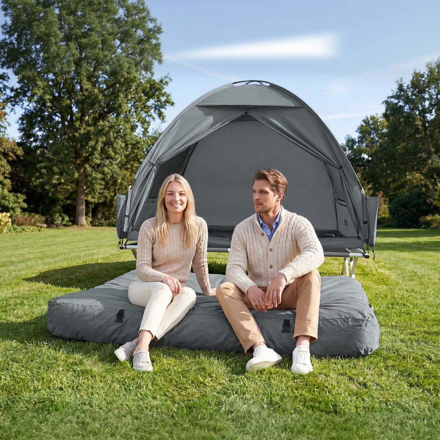 SoBuy OGS32-II-L-HG-P01 Matelas de camping gonflable pour 2 personnes, gris – Avec oreillers, drap-housse et pompe, 191 × 137 cm