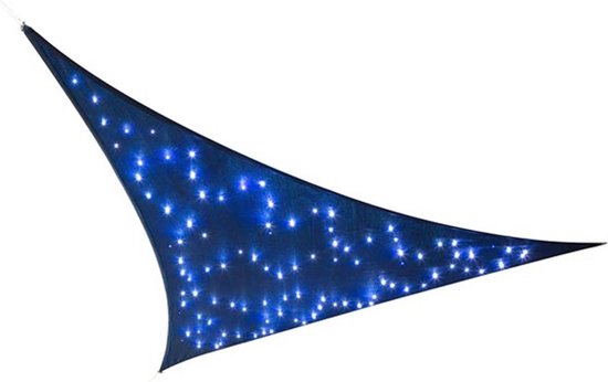 Voile d'ombrage Perel avec 100 LED, ciel étoilé, auvent pour terrasse de jardin, toile d'ombrage, perméable à l'eau, 90 % protection UV, 3 anneaux en acier inoxydable, 3,6 x 3,6 x 3,6 m, 180 g/m², HDPE, triangle, bleu foncé