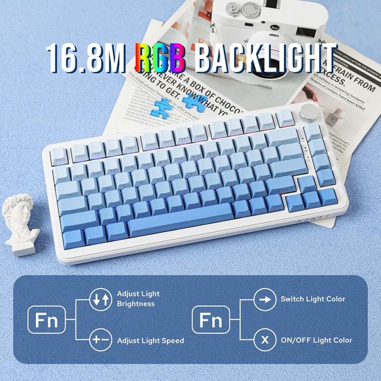 Ajazz AK820 MAX - 75% Wireless Gaming Keyboard - Mécanique - Touches latérales imprimées - Joint - Hot Swap - Tri mode - Clavier QWERTY - 82 touches - Gradient Blue