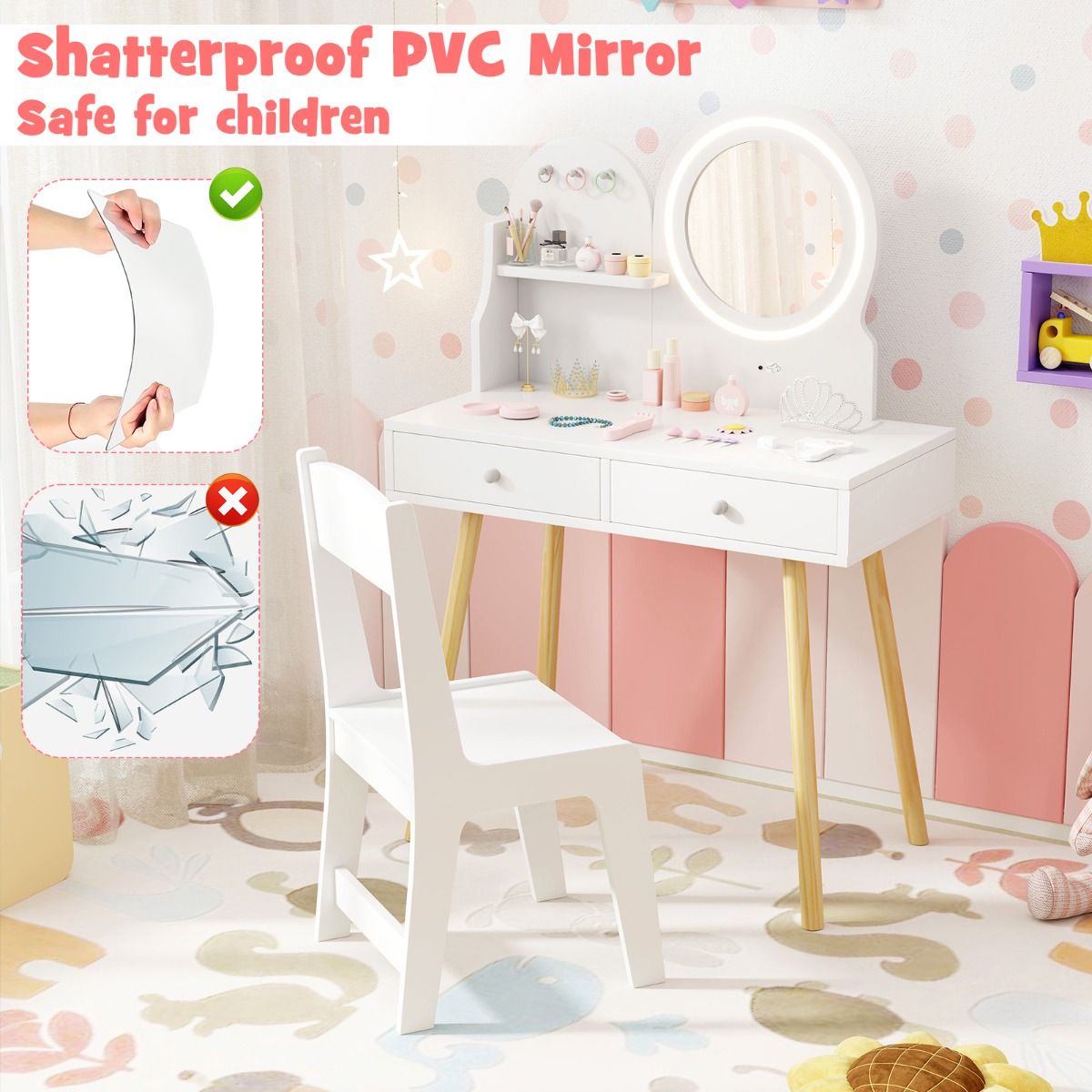 Ensemble de coiffeuse pour enfants Coast - miroir éclairé - espace de rangement avec tiroirs et crochets - blanc