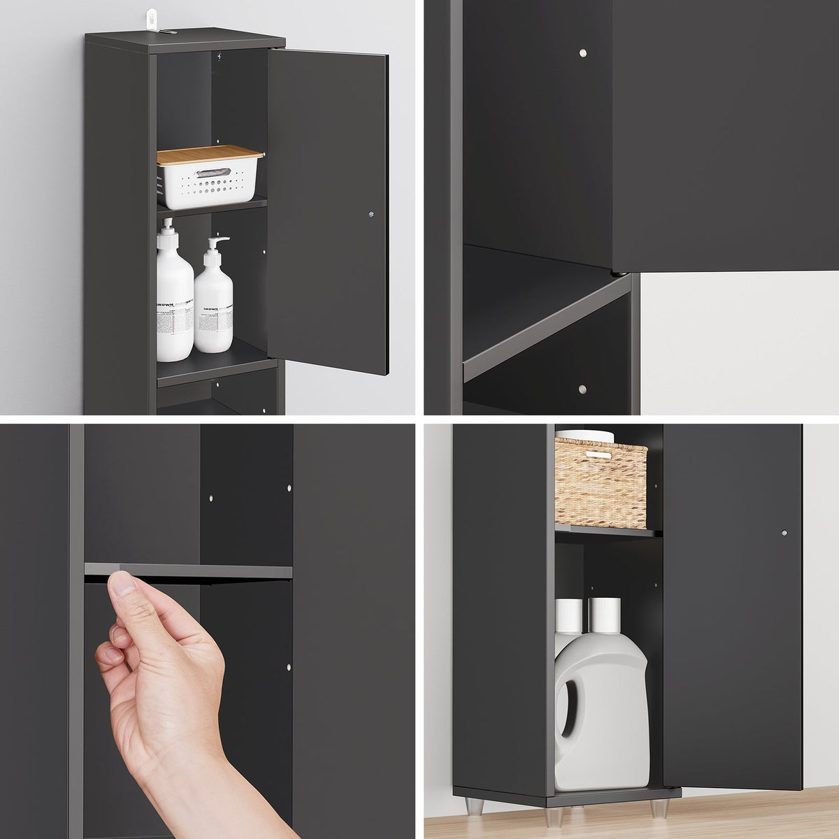 SoBuy Grand meuble de salle de bain étroit avec tiroir et étagères réglables - Meuble colonne noir pour salle de bain et salon - 20 x 20 x 180 cm
