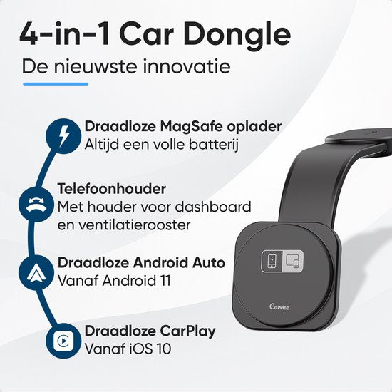 CarMe 4-in-1 CarPlay Dongle Pro - Avec chargeur sans fil - Wireless CarPlay & Android Auto - Android Auto Dongle - MagSafe Car Holder - Noir