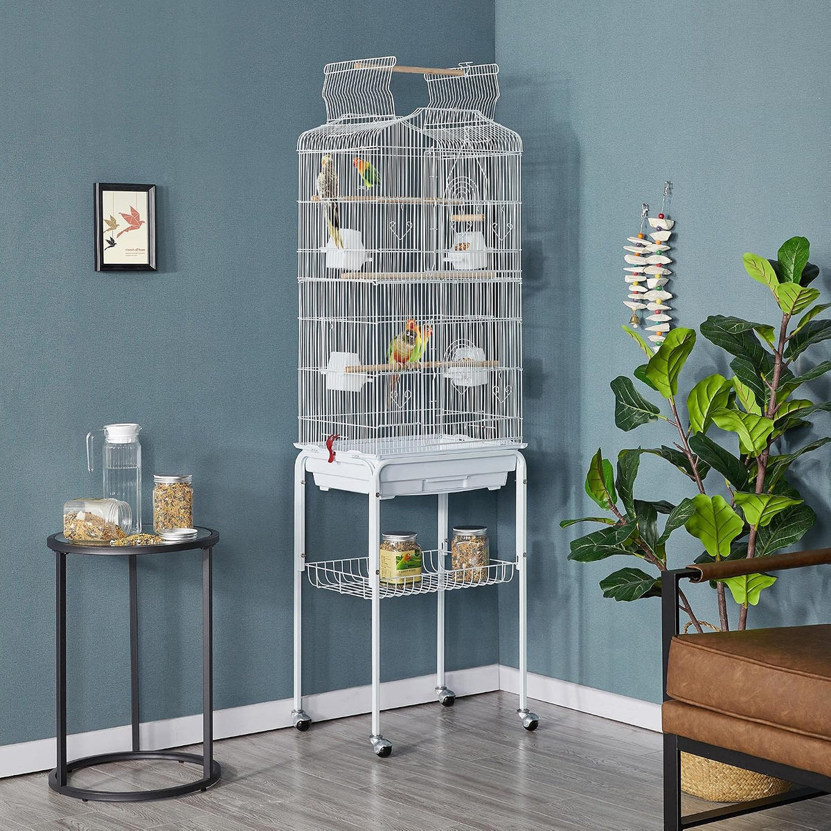 Cage à oiseaux Yaheetech XXL avec support - 46 x 35,5 x 158 cm - Blanche