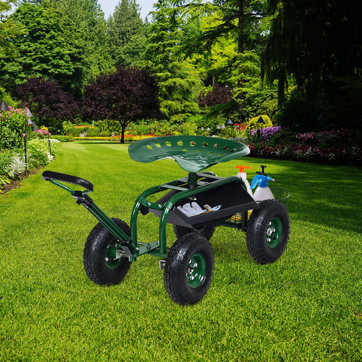 Chariot de jardin Coast avec poignée réglable - siège ergonomique - panier de rangement et bacs à outils - vert