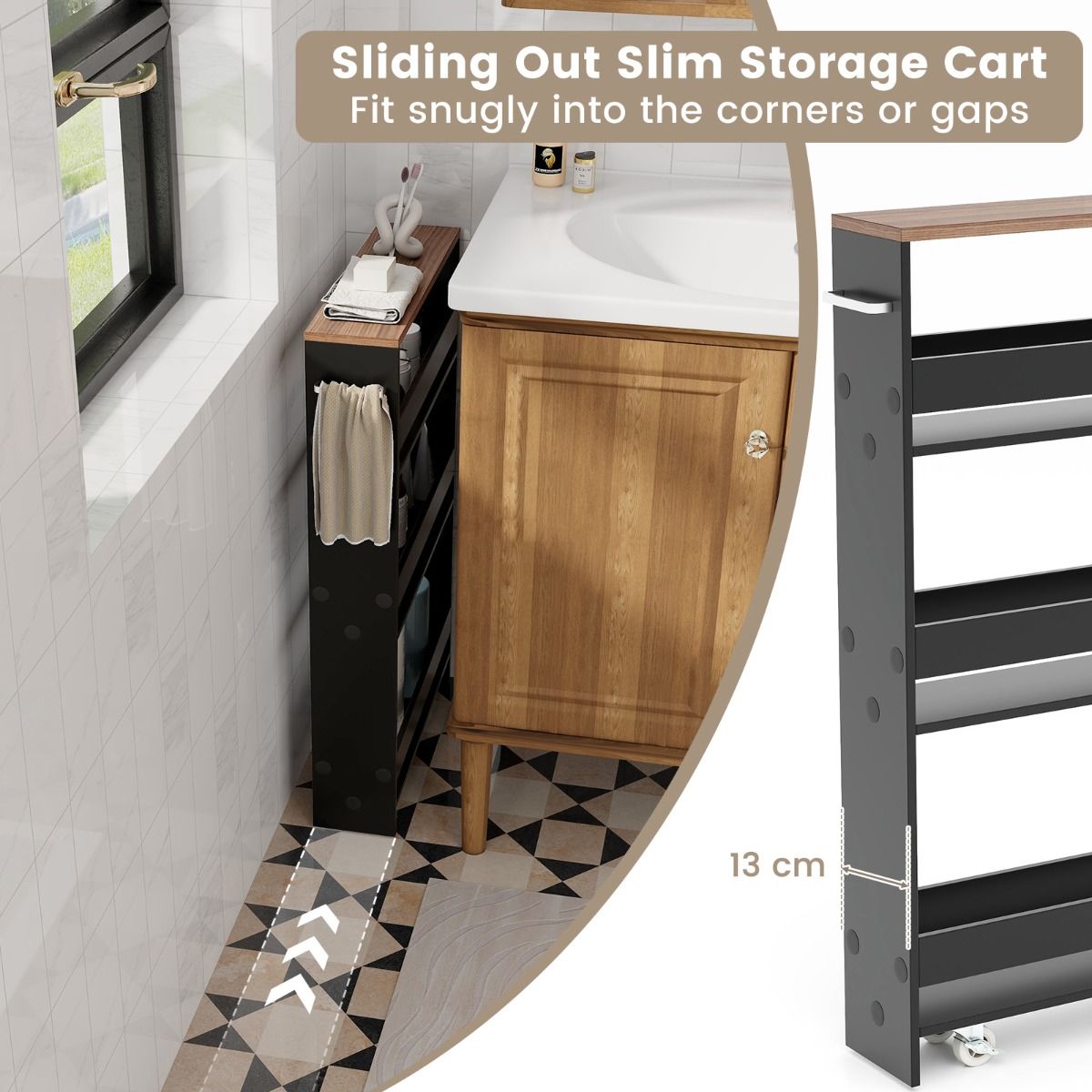 Coast Kitchen Trolley On Wheels - 4-Layer - 47.5 x 13 x 80.5 cm - Black/Nature