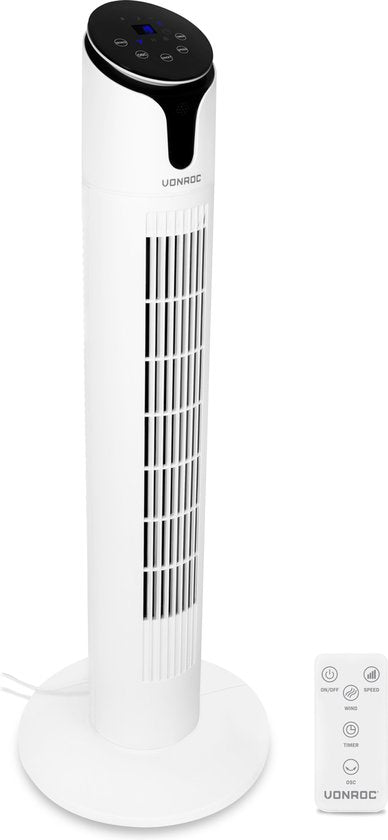 VONROC Luxury Fan - Ventilateur de tour - hauteur 86 cm - télécommande incluse - 3 vitesses - fonction swing - minuterie de 15 heures - blanc