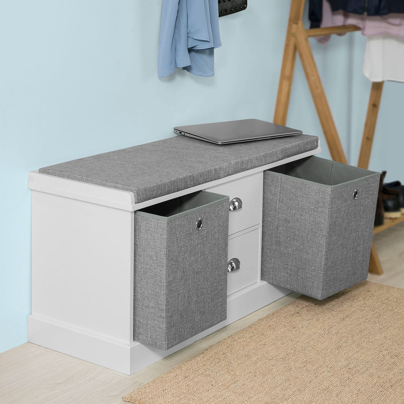 SoBuy FSR66-HG Banc à chaussures avec coussin d'assise - 4 tiroirs - 108 x 20 x 41 cm - Gris/ Anthracite
