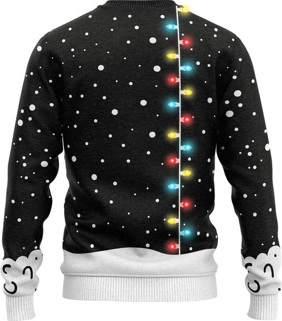 Pull de Noël JAP avec guirlande lumineuse (taille XL) - 100 % recyclé - Ne gratte pas - Cadeau de Noël pour adultes - Pull de Noël kitsch pour femmes et hommes - Holly Jolly - Noir