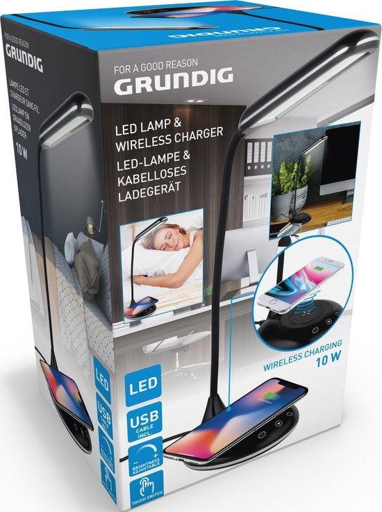 Grundig Lampe de bureau avec chargeur de téléphone - Sans fil - USB - LED - Flexible pliable - Noir