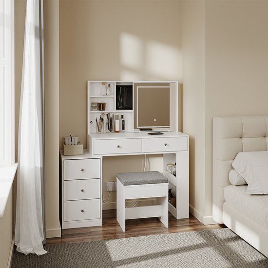 Bureau SoBuy avec miroir LED 120 x 40 x 127 cm - Blanc - 5 tiroirs - 1 porte