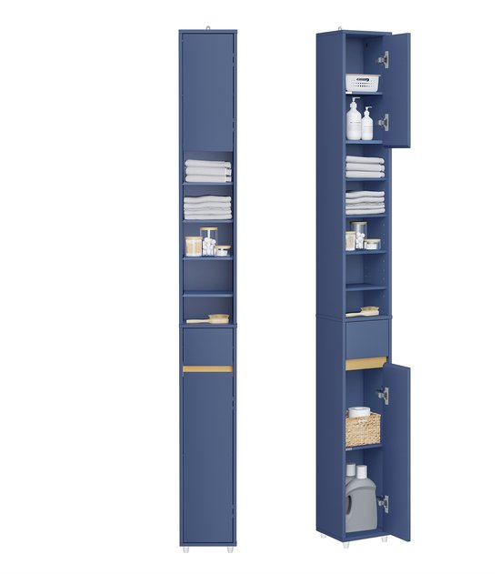 SoBuy Armoires de salle de bain hautes - Armoire de rangement avec étagères réglables et tiroir - Armoire colonne salle de bain - Bleu, 20x20x180cm, BZR34-II-B - pour salle de bain, salon, chambre à coucher
