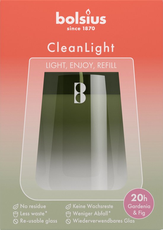 Kit de démarrage Bolsius « Clean Light » avec bougie parfumée Gardenia / Figue