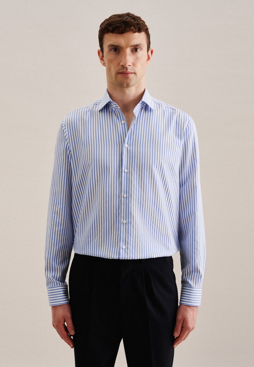 SEIDENSTICKER Regular Fit Business Shirt Blue Denim/White, Long Sleeve, Kent Collar
