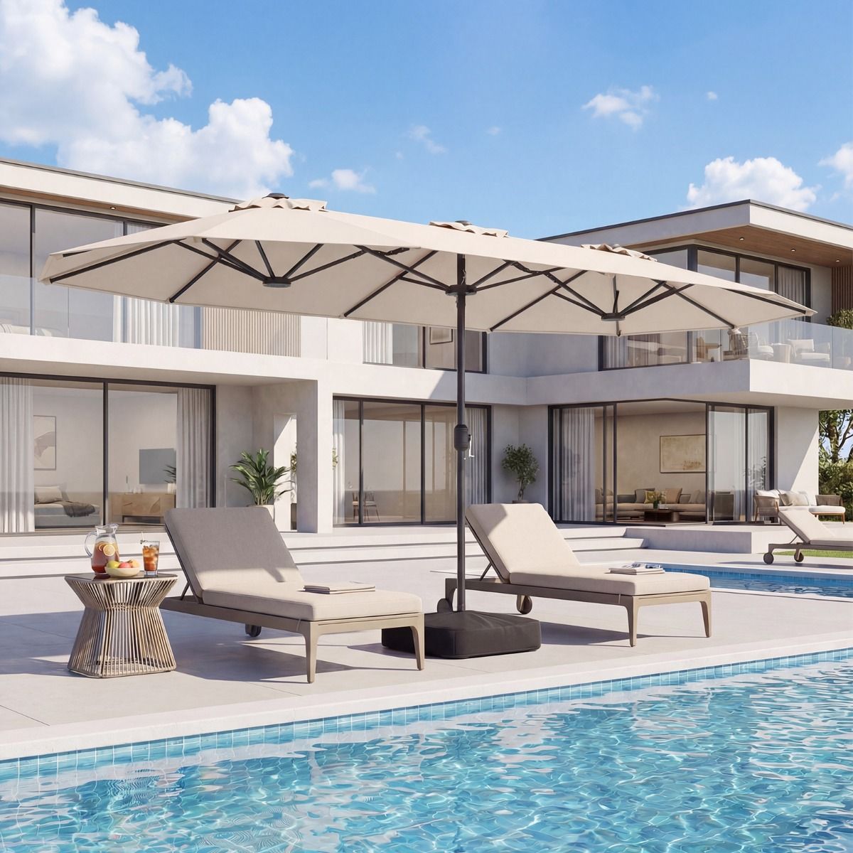 Parasol de terrasse double Coast - très grand format - avec manivelle et pied lesté - beige 400 x 212 cm