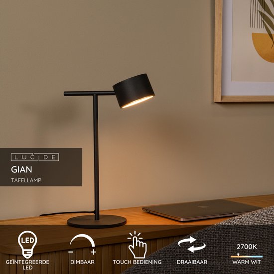 Lucide GIAN - Lampe de table - LED à intensité variable - 1x9 W 2700 K - Noir